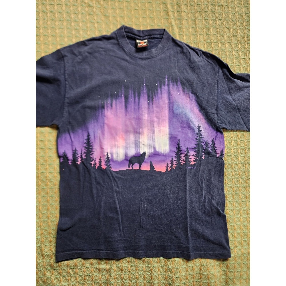 Vintage Aurora Northern Lights Wolf Painted Wrap Around Navy T-Shirt XL